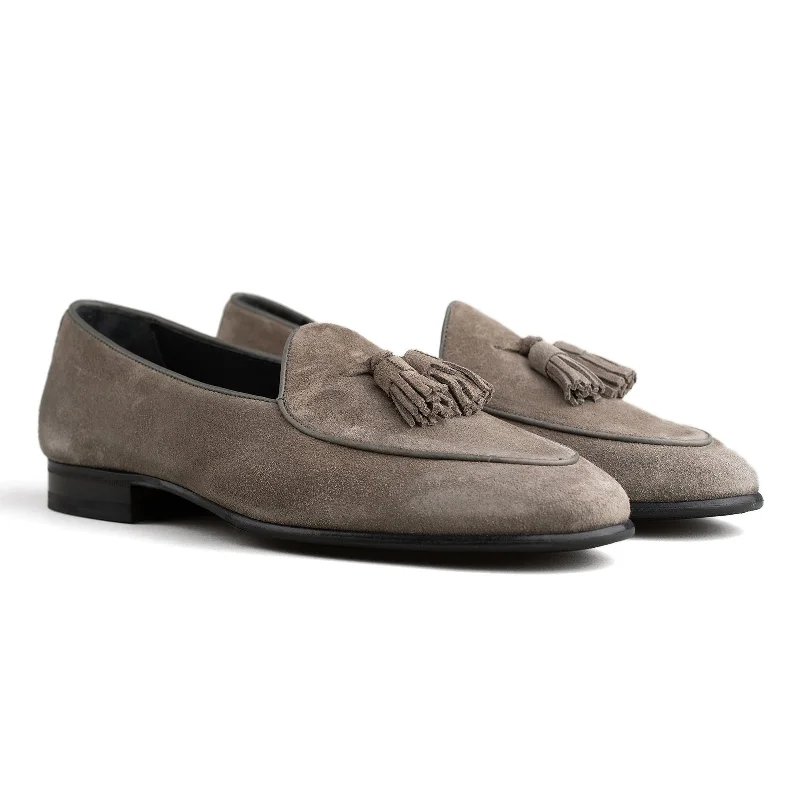 Belgian Tassel Loafer - Taupe Grey Suede