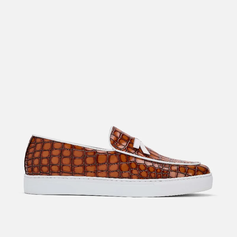 Odell Brown Crocskin Leather Belgian Loafer Sneakers