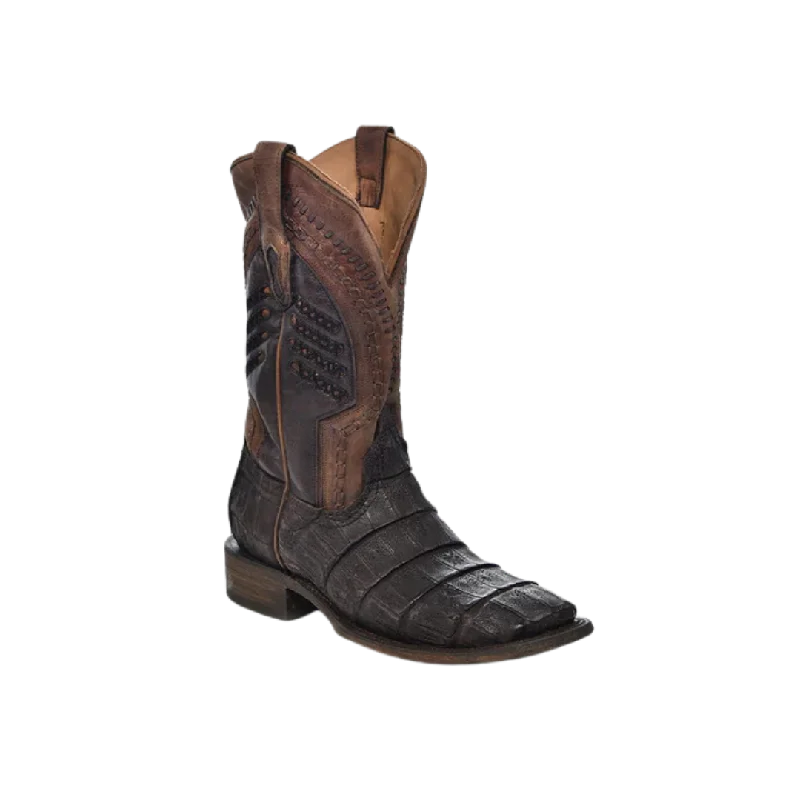 Corral Men's Caiman Embroidery And Woven Shaft Wide Square Toe Cowboy Oil Brown Boot