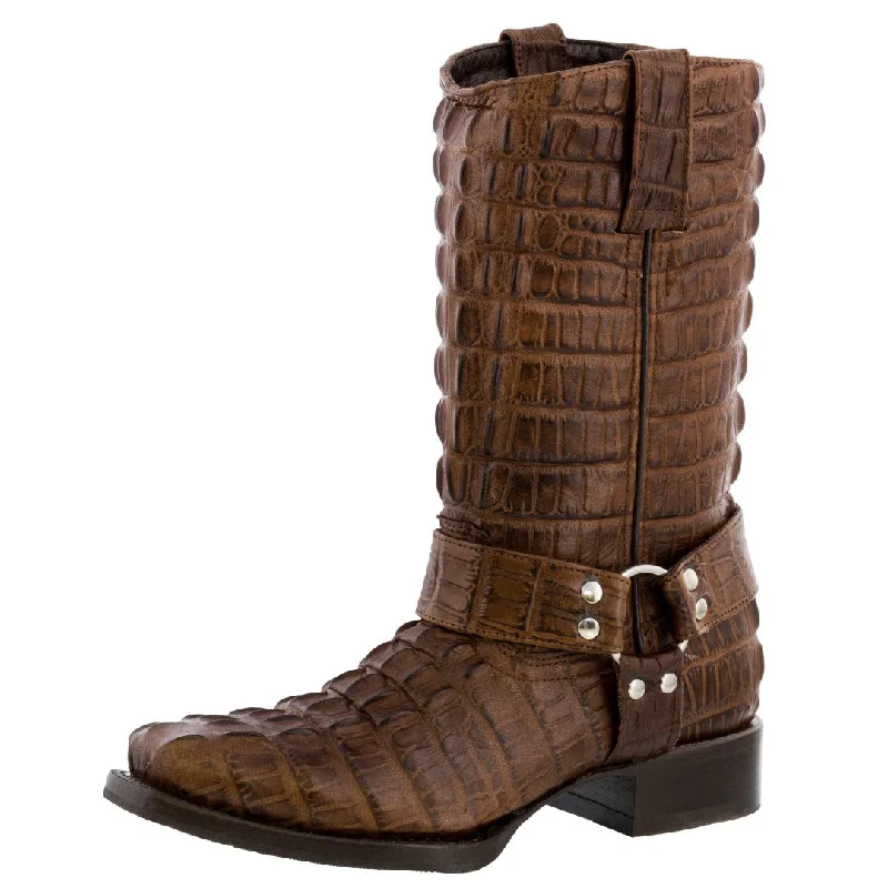 Mens Brown Motorcycle Boots Crocodile Tail Print Leather - Square Toe