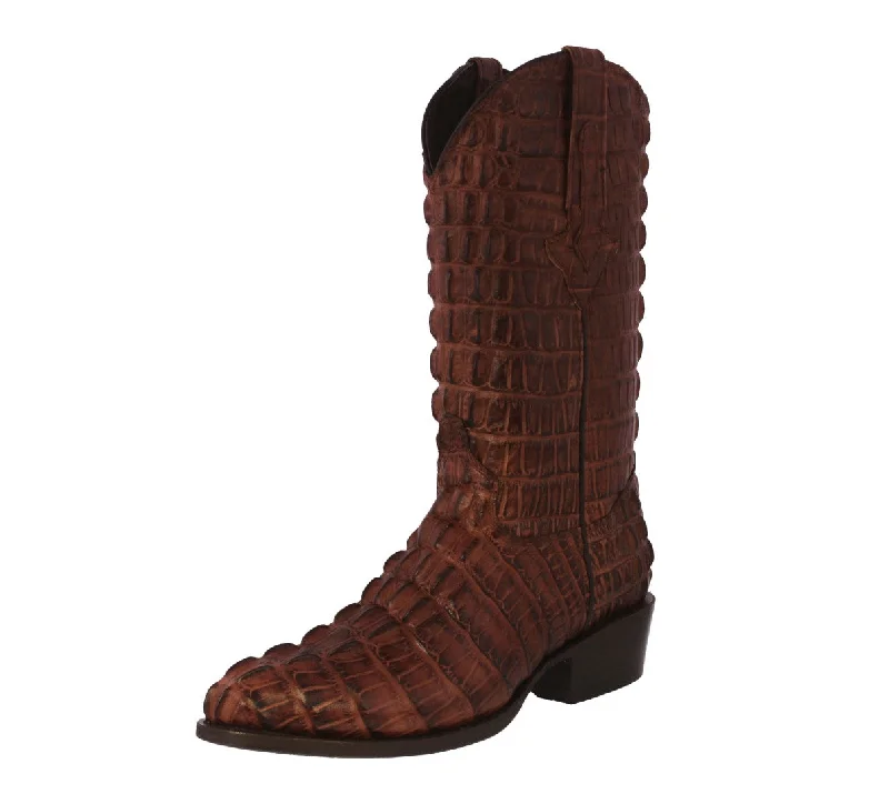 Mens Cognac Full Crocodile Tail Print Cowboy Boots - Round Toe