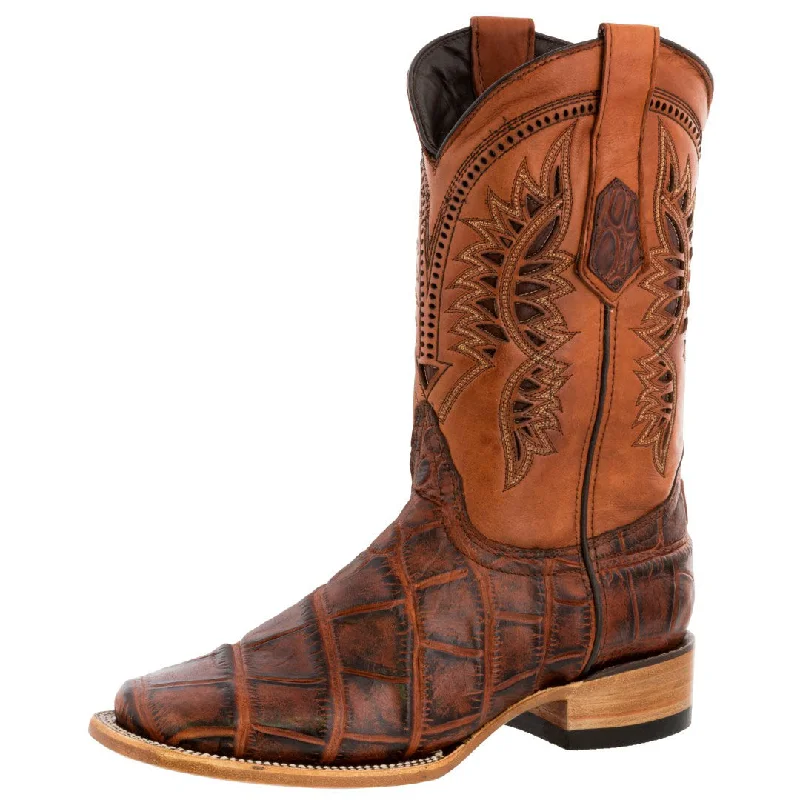 Mens Cognac Western Wear Leather Cowboy Boots Elephant Print Square Toe