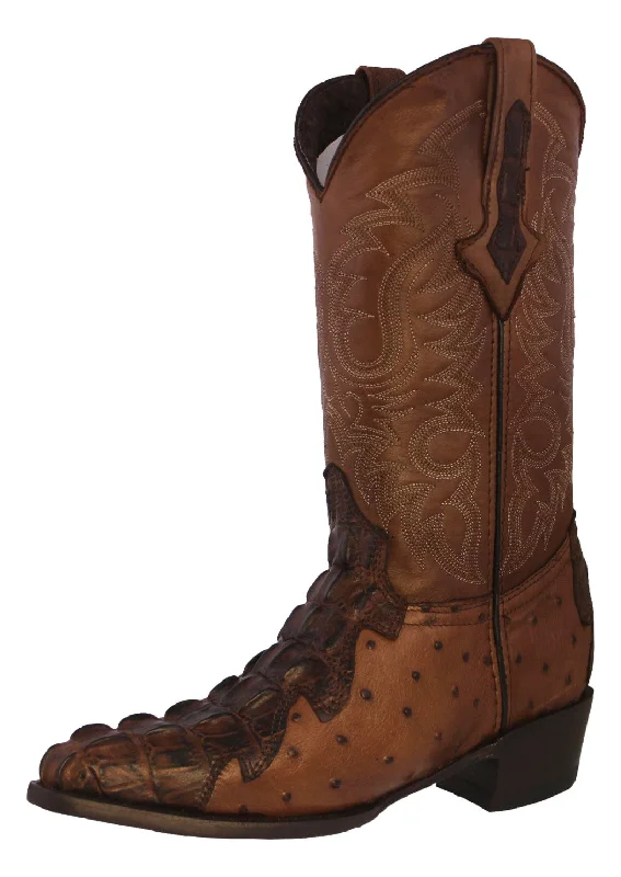 Mens Brown Crocodile & Ostrich Print Leather Cowboy Boots J Toe