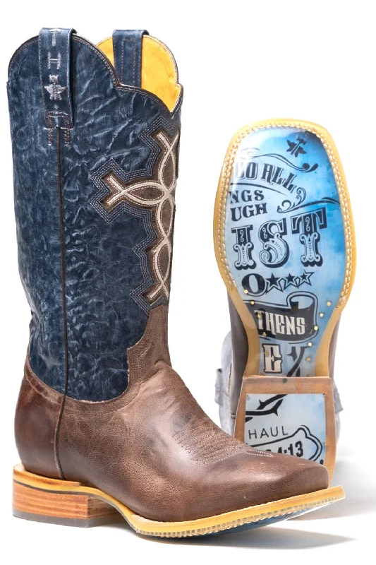 Tin Haul Mens Sanded Blue Leather Ichtusacross Cowboy Boots